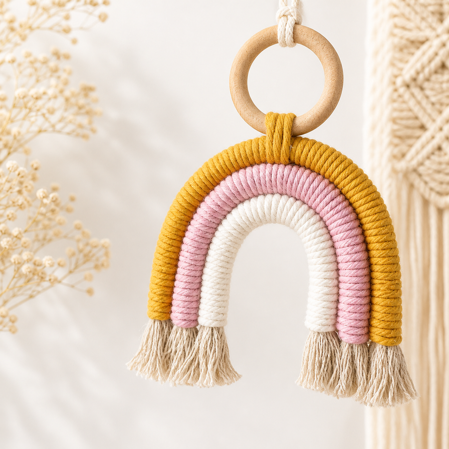 Macrame Rainbow With Wooden Holder