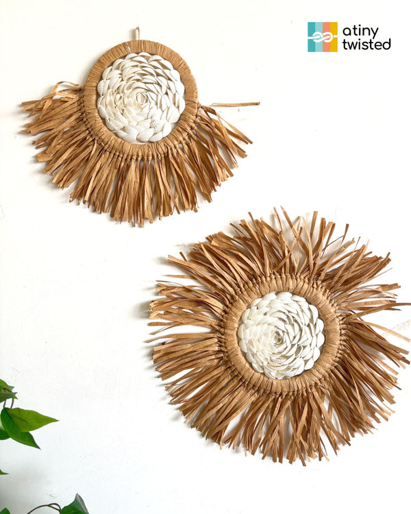Round Raffia & Shells Macramé Wall Hanging – Set Of 2