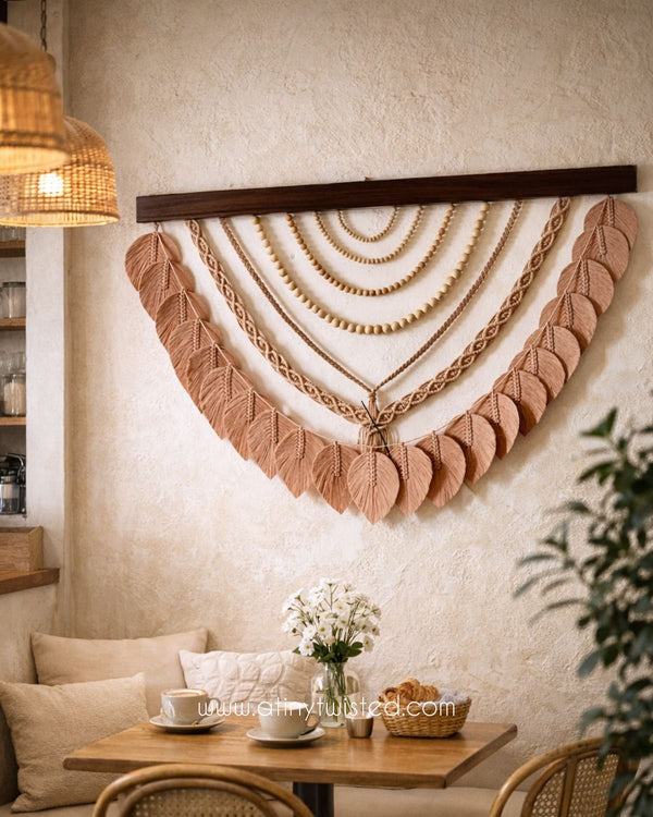 Big Wallhanging With Leafs And Wooden Beads