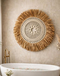 Handcrafted Macrame Raffia Sunburst Wall Hanging | Boho Wall Decor